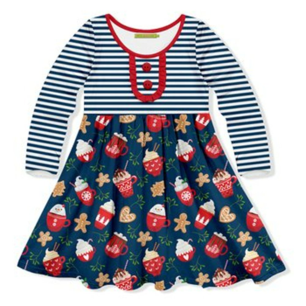 Girls Navy and White Striped Hot Cocoa and Cookies Christmas Holiday Dress